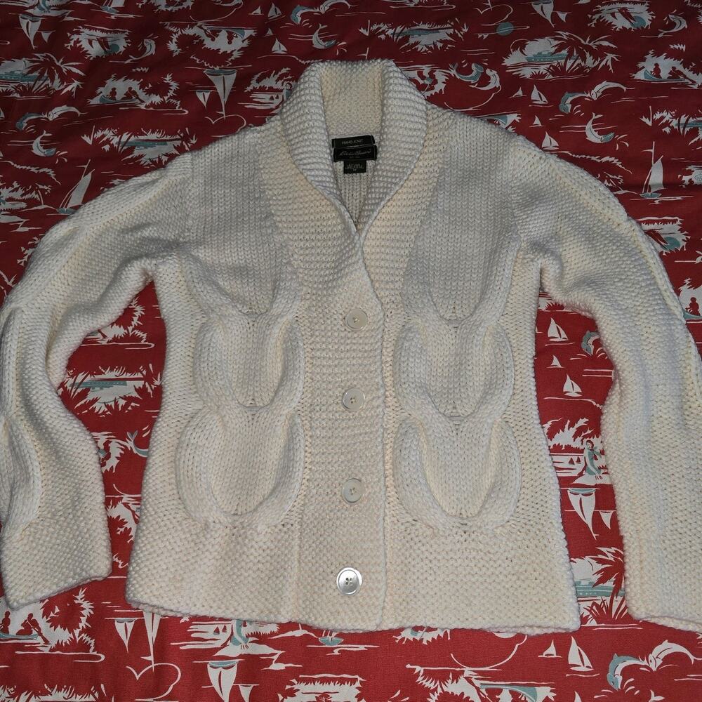 Eddie Bauer Nordic Fisherman Hand Knit Cardigan Ivory Women's Size M Cable Knit - Picture 3 of 7